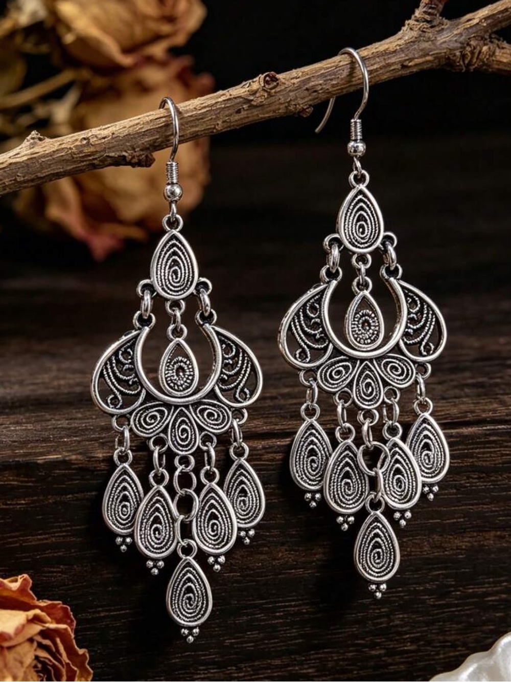 Bohemian Vintage Intricate Silver Teardrop Chandelier Earrings | Carved Tassels
